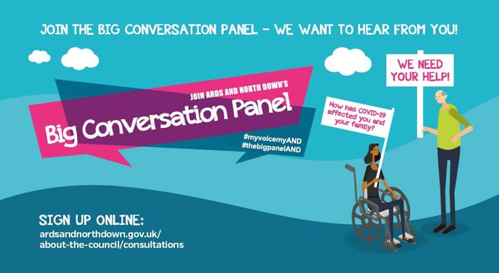 Graphic for the Big Conversation. Join the big conversation- how has covid-19 affected you and your family- survey two open from 1 to 28 February 2021- Sign up onl